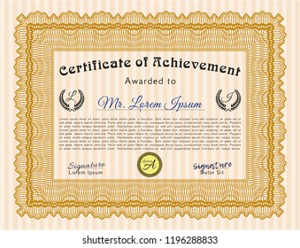 Orange Certificate diploma or award template. Money Pattern design. Detailed. With guilloche pattern and background. 