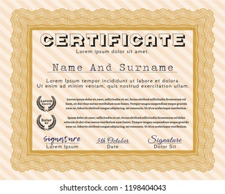 Orange Certificate diploma or award template. With background. Customizable, Easy to edit and change colors. Money Pattern design. 