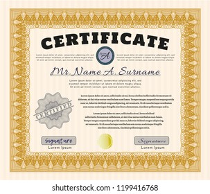 Orange Certificate diploma or award template. With linear background. Cordial design. Customizable, Easy to edit and change colors. 