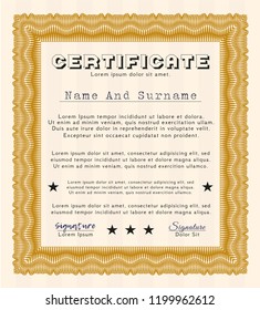Orange Certificate diploma or award template. With guilloche pattern. Detailed. Retro design. 