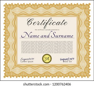 Orange Certificate diploma or award template. With great quality guilloche pattern. Money style design. Vector illustration. 