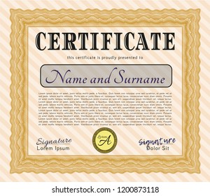 Orange Certificate diploma or award template. Money Pattern design. With complex background. Vector illustration. 