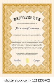 Orange Certificate diploma or award template. Detailed. With linear background. Money Pattern. 