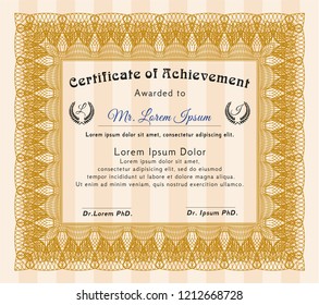 Orange Certificate diploma or award template. Sophisticated design. Detailed. With complex linear background. 