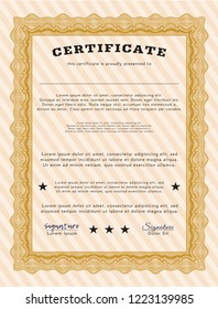 Orange Certificate diploma or award template. Retro design. Vector illustration. With guilloche pattern and background. 