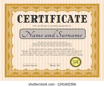 Orange Certificate diploma or award template. Sophisticated design. With great quality guilloche pattern. Vector illustration. 
