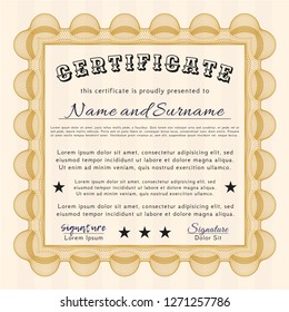 Orange Certificate diploma or award template. Detailed. Easy to print. Money Pattern. 