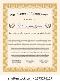 Orange Certificate diploma or award template. With complex background. Money Pattern. Vector illustration. 