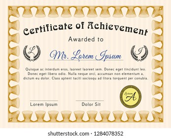 Orange Certificate diploma or award template. With guilloche pattern and background. Money style design. Detailed. 