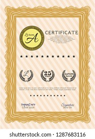 Orange Certificate diploma or award template. With linear background. Excellent design. Vector illustration. 
