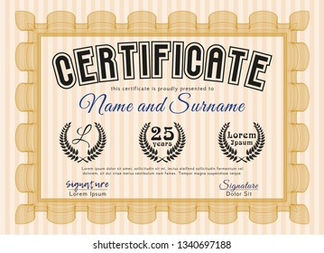 Orange Certificate diploma or award template. Vector illustration. With great quality guilloche pattern. Money Pattern design. 
