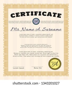 Orange Certificate diploma or award template. With guilloche pattern and background. Money design. Customizable, Easy to edit and change colors. 