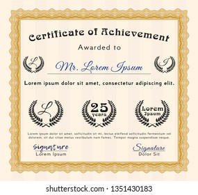 Orange Certificate diploma or award template. Vector illustration. Printer friendly. Beauty design. 
