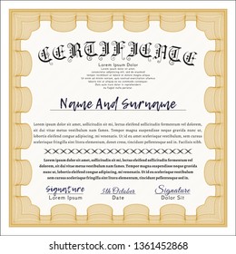 Orange Certificate diploma or award template. With background. Detailed. Elegant design. 