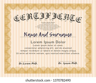 Orange Certificate diploma or award template. With linear background. Beauty design. Customizable, Easy to edit and change colors. 