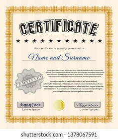 Orange Certificate diploma or award template. With quality background. Excellent design. Detailed. 