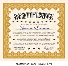 Orange Certificate diploma or award template. With great quality guilloche pattern. Modern design. Detailed. 