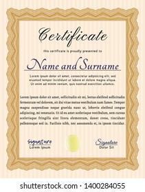 Orange Certificate diploma or award template. Money style design. With guilloche pattern and background. Customizable, Easy to edit and change colors. 