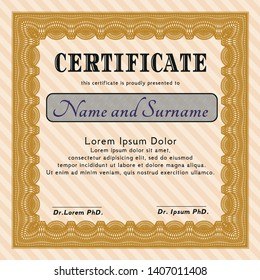 Orange Certificate diploma or award template. Perfect design. Easy to print. Vector illustration. 