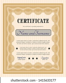 Orange Certificate diploma or award template. Good design. Complex background. Vector illustration. 