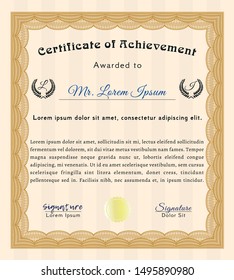 Orange Certificate diploma or award template. Complex background. Detailed. Money style design. 