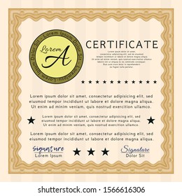 Orange Certificate diploma or award template. With great quality guilloche pattern. Detailed. Sophisticated design. 