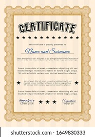 Orange Certificate diploma or award template. Money design. Vector illustration. With background. 