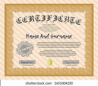 Orange Certificate diploma or award template. With quality background. Elegant design. Customizable, Easy to edit and change colors. 