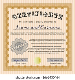 Orange Certificate diploma or award template. With great quality guilloche pattern. Perfect design. Customizable, Easy to edit and change colors. 