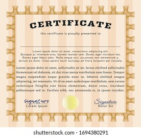 Orange Certificate diploma or award template. Complex background. Vector illustration. Superior design. 