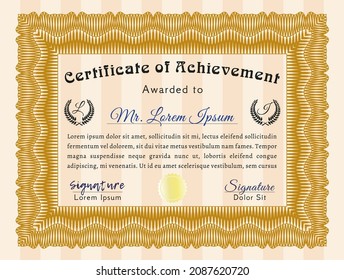 Orange Certificate diploma or award template.  Lovely design.  With great quality guilloche pattern.   