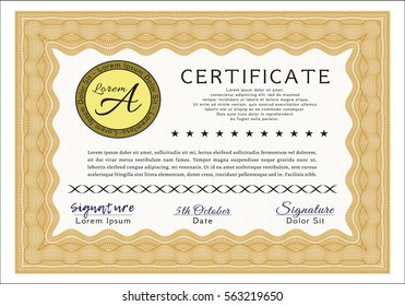 Orange Certificate diploma or award template. Money Pattern design. With background. Customizable, Easy to edit and change colors. 