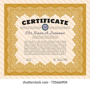 Orange Certificate diploma or award template. Retro design. Vector illustration. With guilloche pattern and background. 