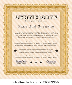 Orange Certificate diploma or award template. With great quality guilloche pattern. Vector illustration. Nice design. 