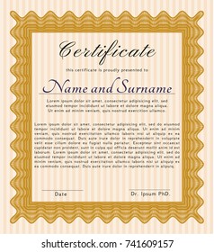 Orange Certificate diploma or award template. Beauty design. With guilloche pattern and background. Vector illustration. 