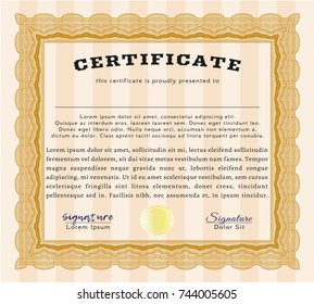 Orange Certificate diploma or award template. Detailed. Printer friendly. Beauty design. 