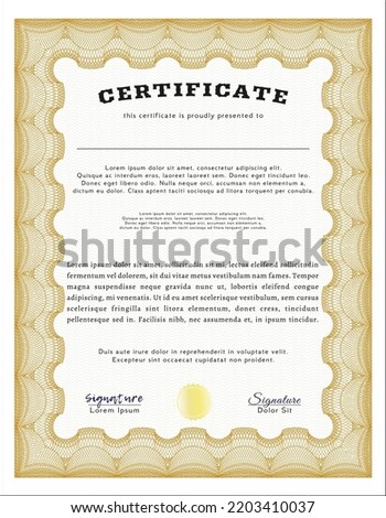 Orange Certificate diploma or award template.  Cordial design.  Printer friendly.  Vector illustration. 