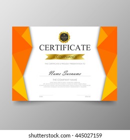 Orange certificate diploma background template vector modern value design and luxurious elegant. Illustration layout cover leaflet horizontal in A4 size pattern.