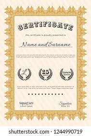 Orange Certificate or diploma template. With background. Detailed. Retro design. 