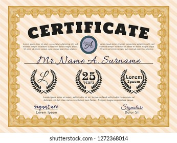 Orange Certificate or diploma template. With background. Money design. Vector illustration. 