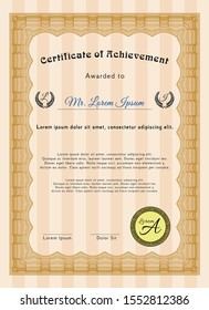 Orange Certificate or diploma template. With background. Elegant design. Vector illustration. 
