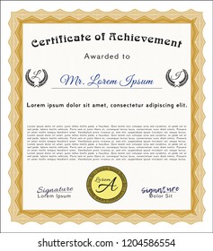Orange Certificate or diploma template. With complex linear background. Perfect design. Detailed. 