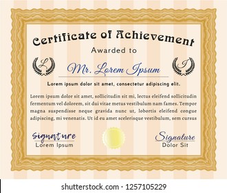 Orange Certificate or diploma template. With complex linear background. Vector illustration. Money Pattern design. 