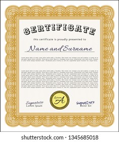 Orange Certificate or diploma template. With complex linear background. Vector illustration. Modern design. 
