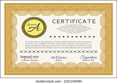 Orange Certificate or diploma template. With complex background. Detailed. Money style design. 