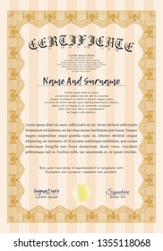 Orange Certificate or diploma template. With complex background. Money style design. Customizable, Easy to edit and change colors. 