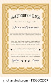 Orange Certificate or diploma template. Complex background. Money design. Detailed. 