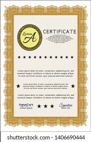Orange Certificate or diploma template. With complex linear background. Vector illustration. Lovely design. 