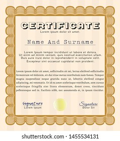Orange Certificate or diploma template. With complex background. Artistry design. Vector illustration. 