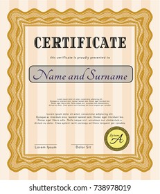 Orange Certificate or diploma template. With complex linear background. Vector illustration. Elegant design. 